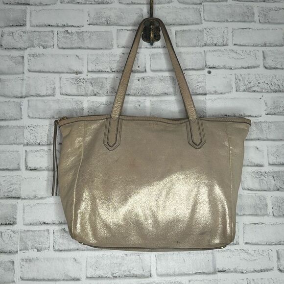 Fossil Genuine Leather Shoulder Bag Purse, Metallic Gold - Picture 1 of 6